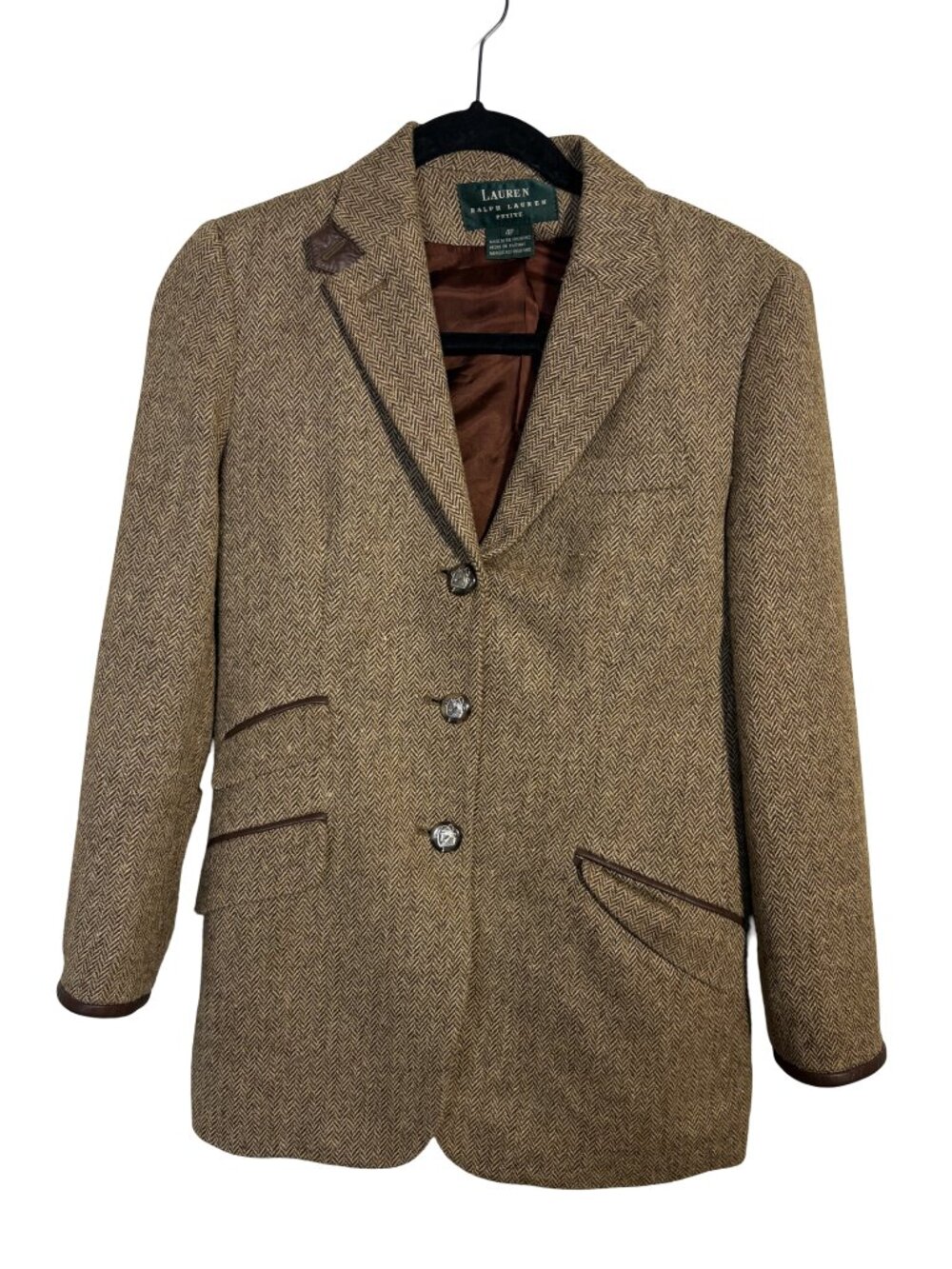 Lauren Ralph Lauren 4P Wool Silk Herringbone Tweed Equestrian Blazer Brown - Picture 2 of 15